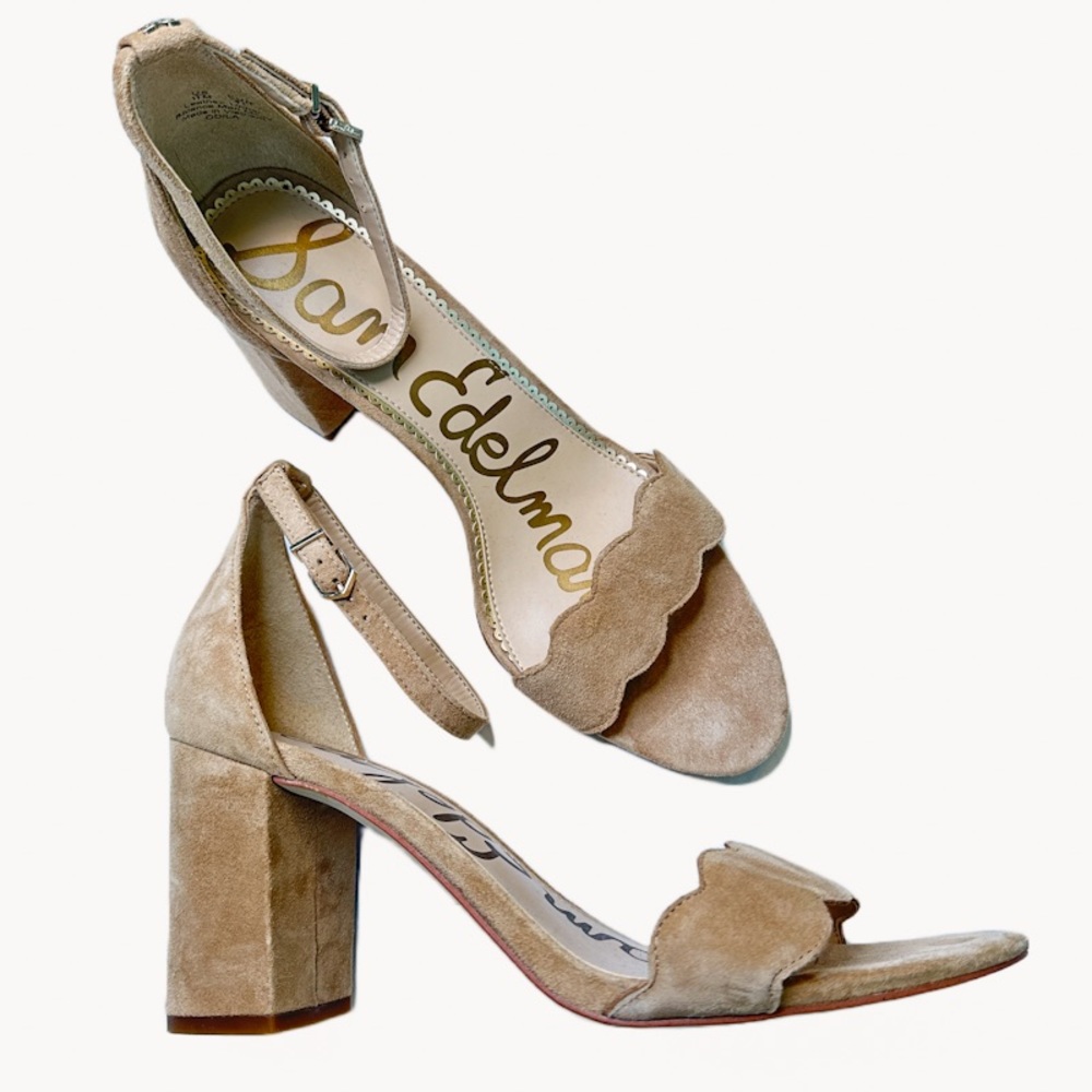 Odila Suede Leather Block Heel Ankle Strap Sandals Camel Beige Tan Size 11 M